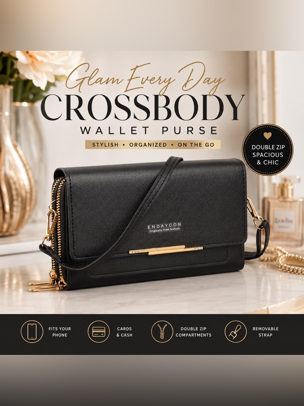 ENDAYCON Black Crossbody Wallet Purse Double Zip Phone Wallet Clutch RFID